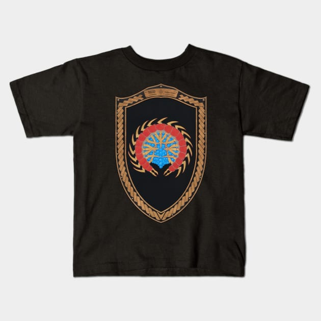 Many Legs, Many Eggs (Shield Copper Celtic Rope on black leather) Kids T-Shirt by Swabcraft